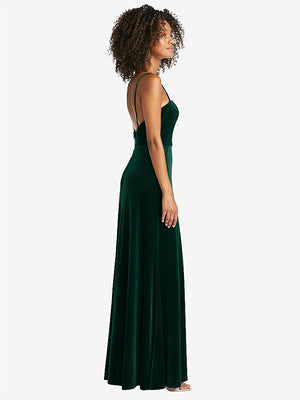 【NEW】【STYLE: LB022】正方形 首 ベルベット マキシ ドレス 前面 スリット  -  ドリュー【COLOR: Evergreen】【SIZE: 00-30W】