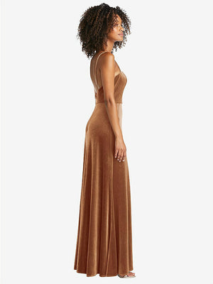 【NEW】【STYLE: LB022】正方形 首 ベルベット マキシ ドレス 前面 スリット  -  ドリュー【COLOR: Golden Almond】【SIZE: 00-30W】