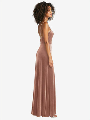 【NEW】【STYLE: LB022】正方形 首 ベルベット マキシ ドレス 前面 スリット  -  ドリュー【COLOR: Tawny Rose】【SIZE: 00-30W】