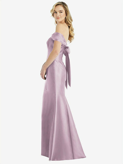 【STYLE: D793】Off-the-Shoulder Bow-Back Satin Trumpet Gown【COLOR: Suede Rose】