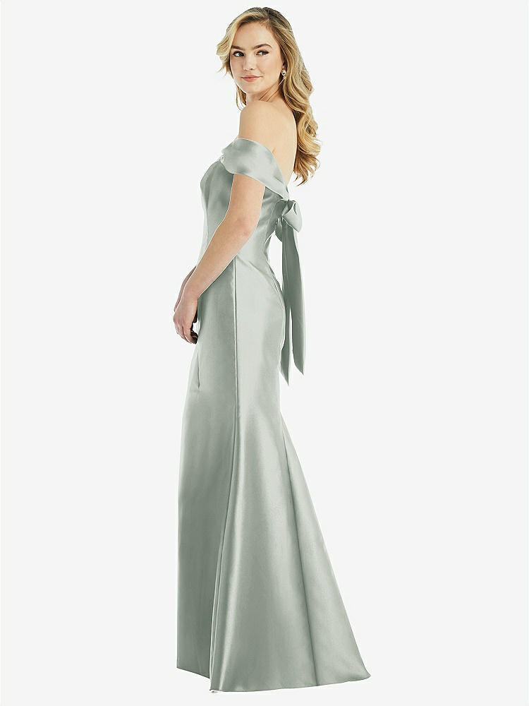 【STYLE: D793】Off-the-Shoulder Bow-Back Satin Trumpet Gown【COLOR: Willow Green】