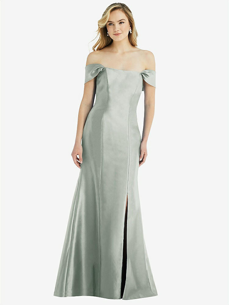 【STYLE: D793】Off-the-Shoulder Bow-Back Satin Trumpet Gown【COLOR: Willow Green】