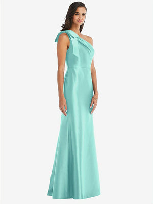 【STYLE: D794】Bow One-Shoulder Satin Trumpet Gown【COLOR: Coastal】