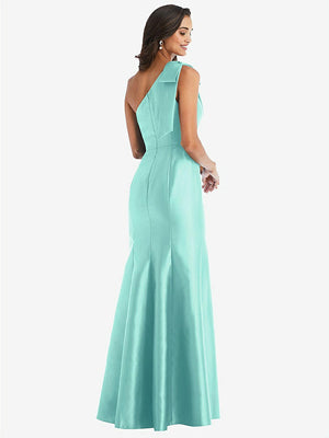 【STYLE: D794】Bow One-Shoulder Satin Trumpet Gown【COLOR: Coastal】