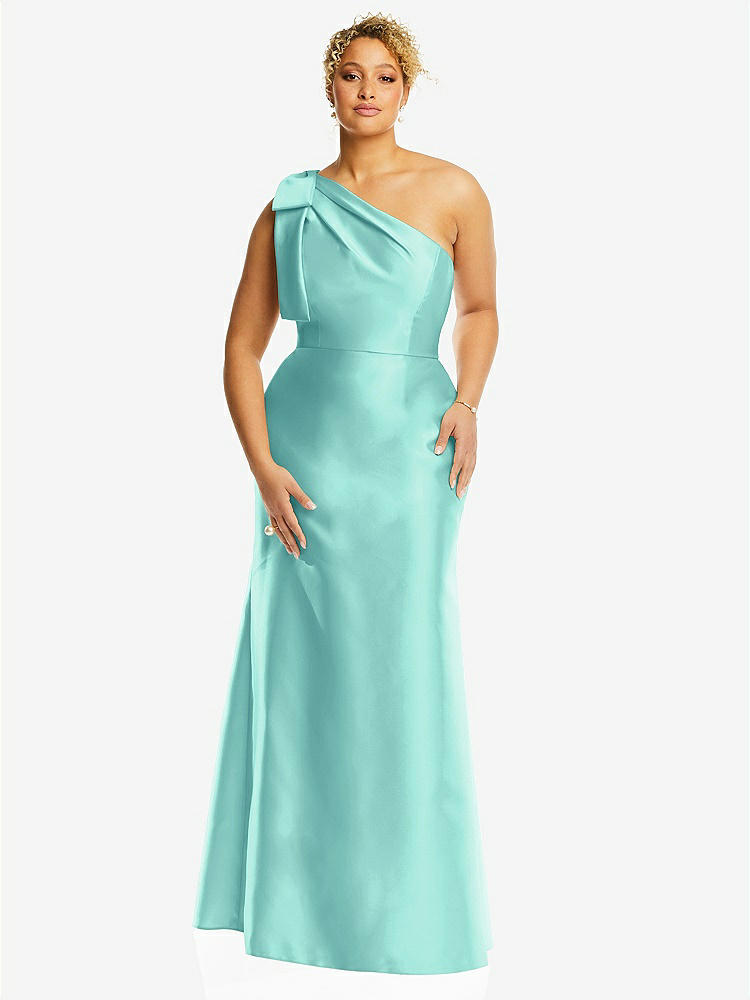 【STYLE: D794】Bow One-Shoulder Satin Trumpet Gown【COLOR: Coastal】