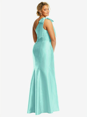 【STYLE: D794】Bow One-Shoulder Satin Trumpet Gown【COLOR: Coastal】