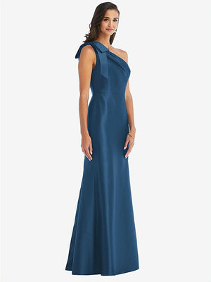 【STYLE: D794】Bow One-Shoulder Satin Trumpet Gown【COLOR: Dusk Blue】