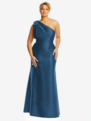 【STYLE: D794】Bow One-Shoulder Satin Trumpet Gown【COLOR: Dusk Blue】