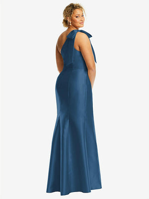 【STYLE: D794】Bow One-Shoulder Satin Trumpet Gown【COLOR: Dusk Blue】