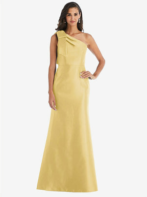 【STYLE: D794】Bow One-Shoulder Satin Trumpet Gown【COLOR: Maize】