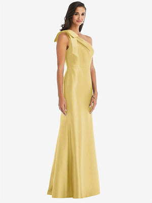 【STYLE: D794】Bow One-Shoulder Satin Trumpet Gown【COLOR: Maize】