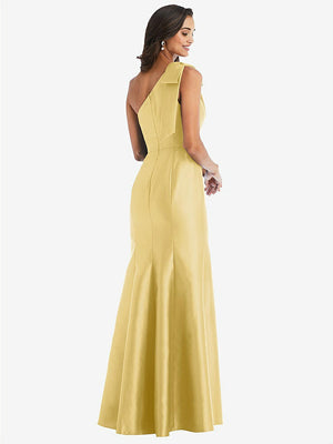 【STYLE: D794】Bow One-Shoulder Satin Trumpet Gown【COLOR: Maize】