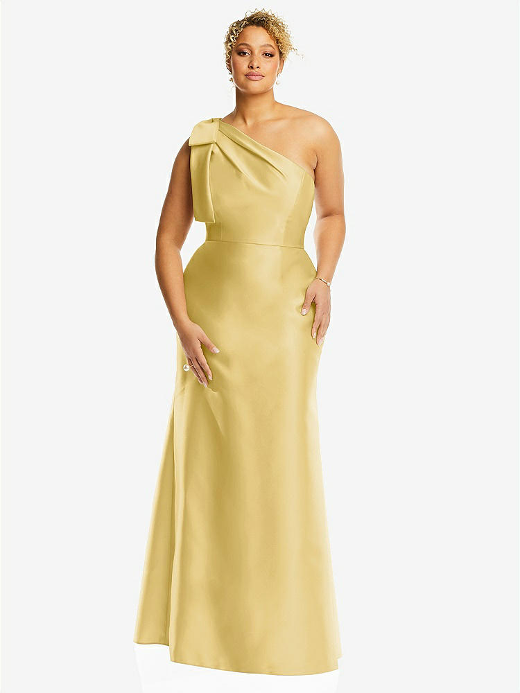 【STYLE: D794】Bow One-Shoulder Satin Trumpet Gown【COLOR: Maize】