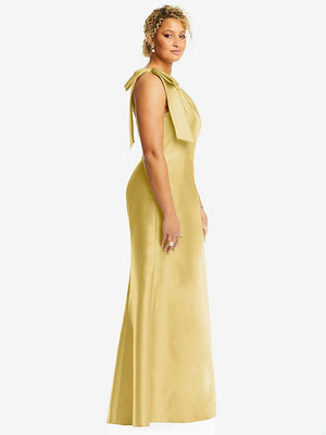 【STYLE: D794】Bow One-Shoulder Satin Trumpet Gown【COLOR: Maize】