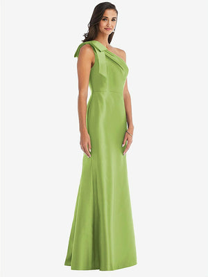 【STYLE: D794】Bow One-Shoulder Satin Trumpet Gown【COLOR: Mojito】