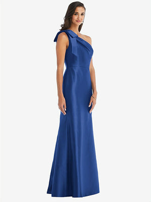 【STYLE: D794】Bow One-Shoulder Satin Trumpet Gown【COLOR: Classic Blue】
