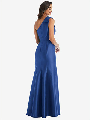 【STYLE: D794】Bow One-Shoulder Satin Trumpet Gown【COLOR: Classic Blue】