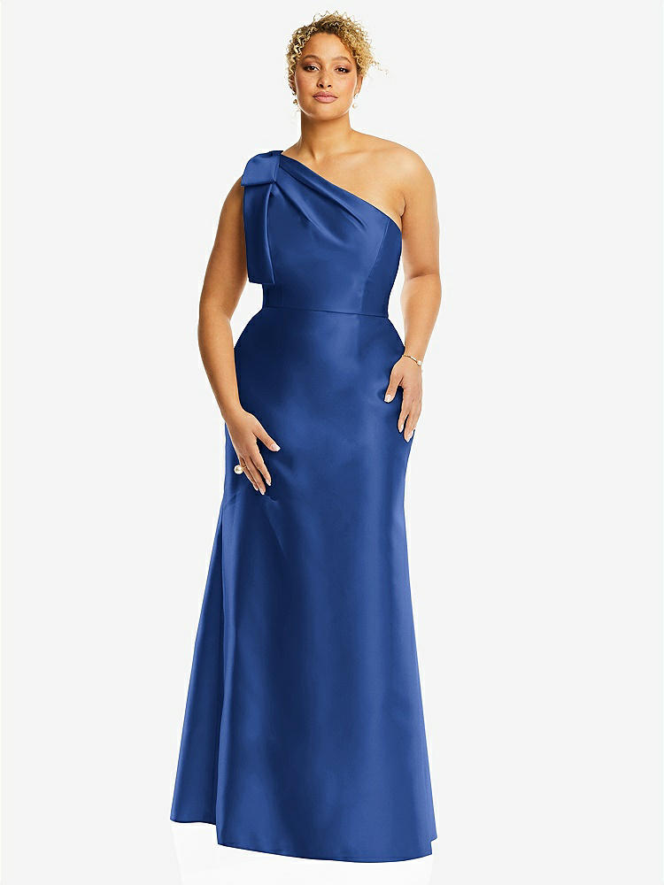 【STYLE: D794】Bow One-Shoulder Satin Trumpet Gown【COLOR: Classic Blue】