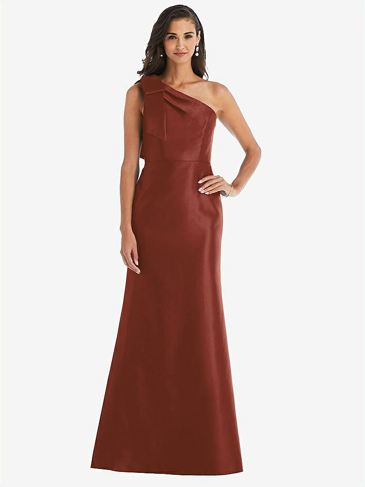 【STYLE: D794】Bow One-Shoulder Satin Trumpet Gown【COLOR: Auburn Moon】