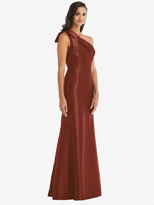 【STYLE: D794】Bow One-Shoulder Satin Trumpet Gown【COLOR: Auburn Moon】