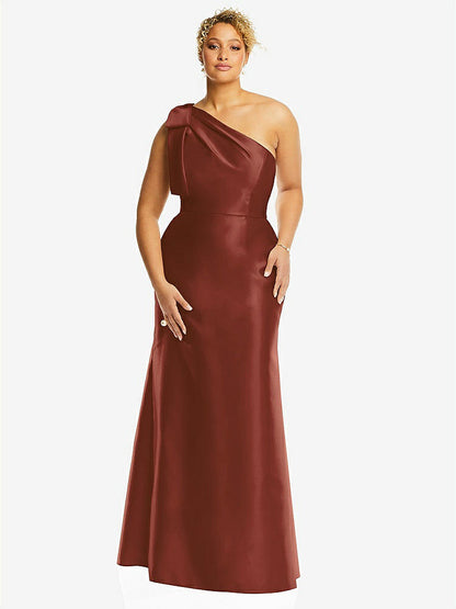 【STYLE: D794】Bow One-Shoulder Satin Trumpet Gown【COLOR: Auburn Moon】