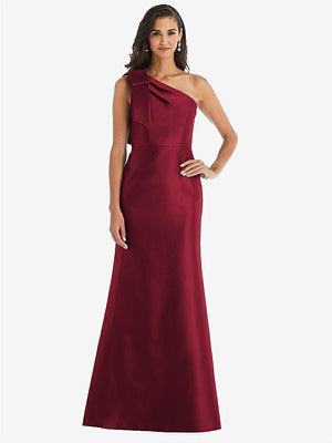 【STYLE: D794】Bow One-Shoulder Satin Trumpet Gown【COLOR: Burgundy】