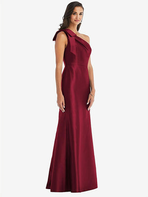 【STYLE: D794】Bow One-Shoulder Satin Trumpet Gown【COLOR: Burgundy】
