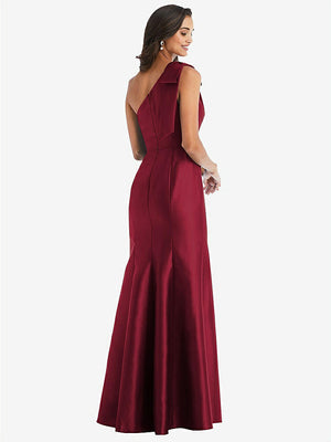 【STYLE: D794】Bow One-Shoulder Satin Trumpet Gown【COLOR: Burgundy】