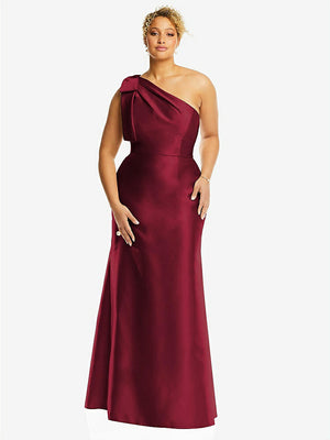 【STYLE: D794】Bow One-Shoulder Satin Trumpet Gown【COLOR: Burgundy】