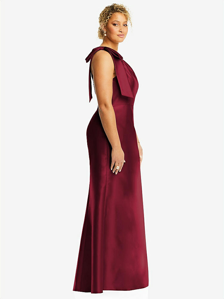 【STYLE: D794】Bow One-Shoulder Satin Trumpet Gown【COLOR: Burgundy】