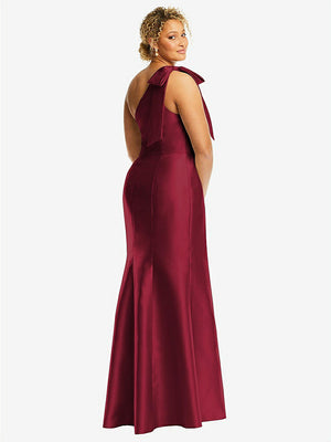 【STYLE: D794】Bow One-Shoulder Satin Trumpet Gown【COLOR: Burgundy】