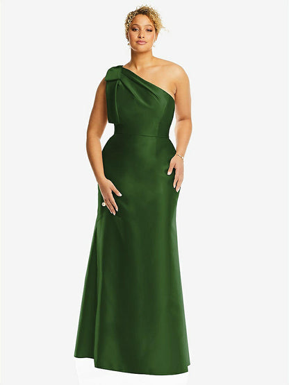 【STYLE: D794】Bow One-Shoulder Satin Trumpet Gown【COLOR: Celtic】