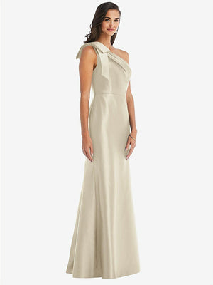【STYLE: D794】Bow One-Shoulder Satin Trumpet Gown【COLOR: Champagne】