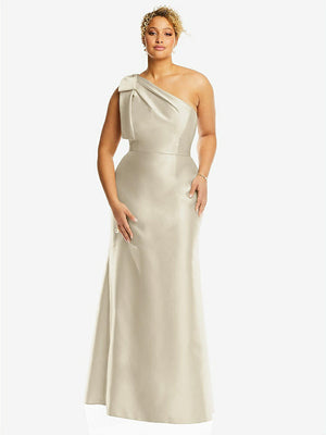 【STYLE: D794】Bow One-Shoulder Satin Trumpet Gown【COLOR: Champagne】