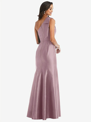 【STYLE: D794】Bow One-Shoulder Satin Trumpet Gown【COLOR: Dusty Rose】