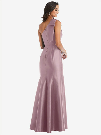 【NEW】【STYLE: D794】弓 ワンショルダー サテン トランペット ガウン【COLOR: Dusty Rose】【SIZE: 00-30W】