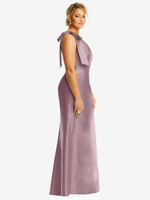 【STYLE: D794】Bow One-Shoulder Satin Trumpet Gown【COLOR: Dusty Rose】