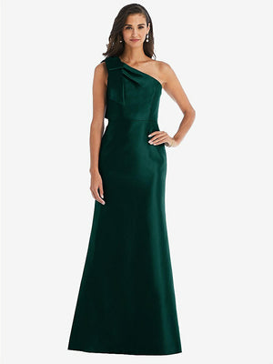 【STYLE: D794】Bow One-Shoulder Satin Trumpet Gown【COLOR: Evergreen】