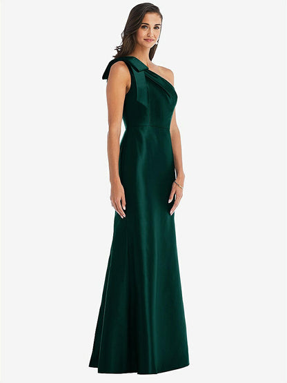 【NEW】【STYLE: D794】弓 ワンショルダー サテン トランペット ガウン【COLOR: Evergreen】【SIZE: 00-30W】