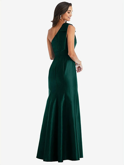 【NEW】【STYLE: D794】弓 ワンショルダー サテン トランペット ガウン【COLOR: Evergreen】【SIZE: 00-30W】