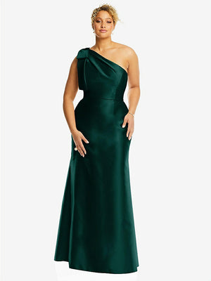 【STYLE: D794】Bow One-Shoulder Satin Trumpet Gown【COLOR: Evergreen】