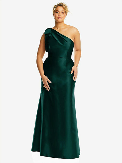 【NEW】【STYLE: D794】弓 ワンショルダー サテン トランペット ガウン【COLOR: Evergreen】【SIZE: 00-30W】