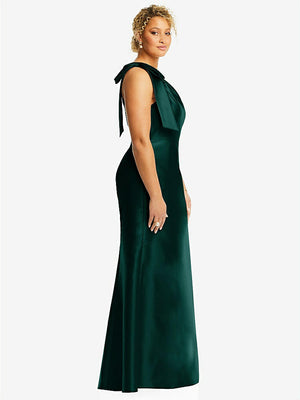 【STYLE: D794】Bow One-Shoulder Satin Trumpet Gown【COLOR: Evergreen】