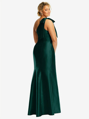 【STYLE: D794】Bow One-Shoulder Satin Trumpet Gown【COLOR: Evergreen】