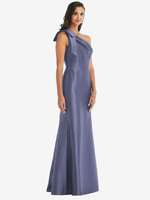 【STYLE: D794】Bow One-Shoulder Satin Trumpet Gown【COLOR: French Blue】