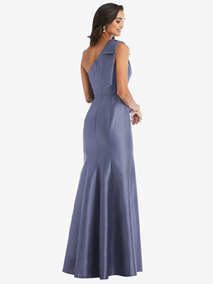 【STYLE: D794】Bow One-Shoulder Satin Trumpet Gown【COLOR: French Blue】