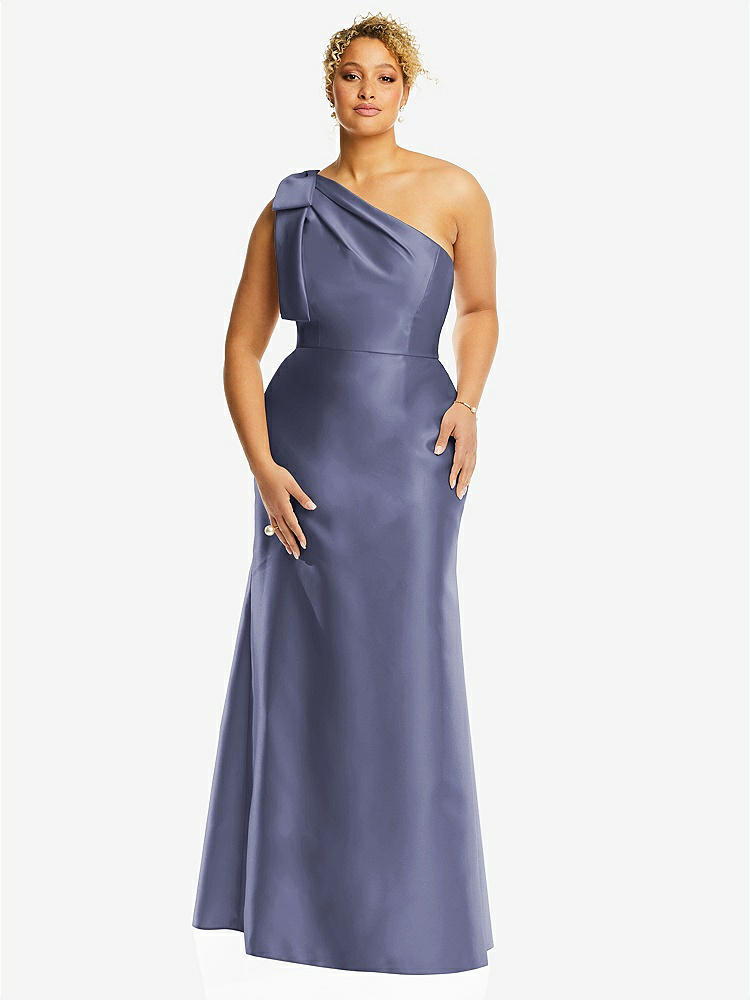 【STYLE: D794】Bow One-Shoulder Satin Trumpet Gown【COLOR: French Blue】