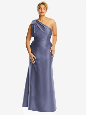 【STYLE: D794】Bow One-Shoulder Satin Trumpet Gown【COLOR: French Blue】