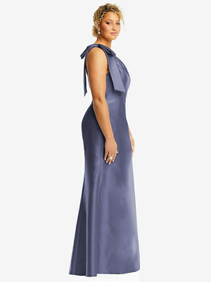 【STYLE: D794】Bow One-Shoulder Satin Trumpet Gown【COLOR: French Blue】