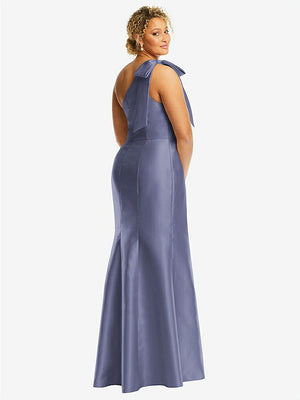 【STYLE: D794】Bow One-Shoulder Satin Trumpet Gown【COLOR: French Blue】